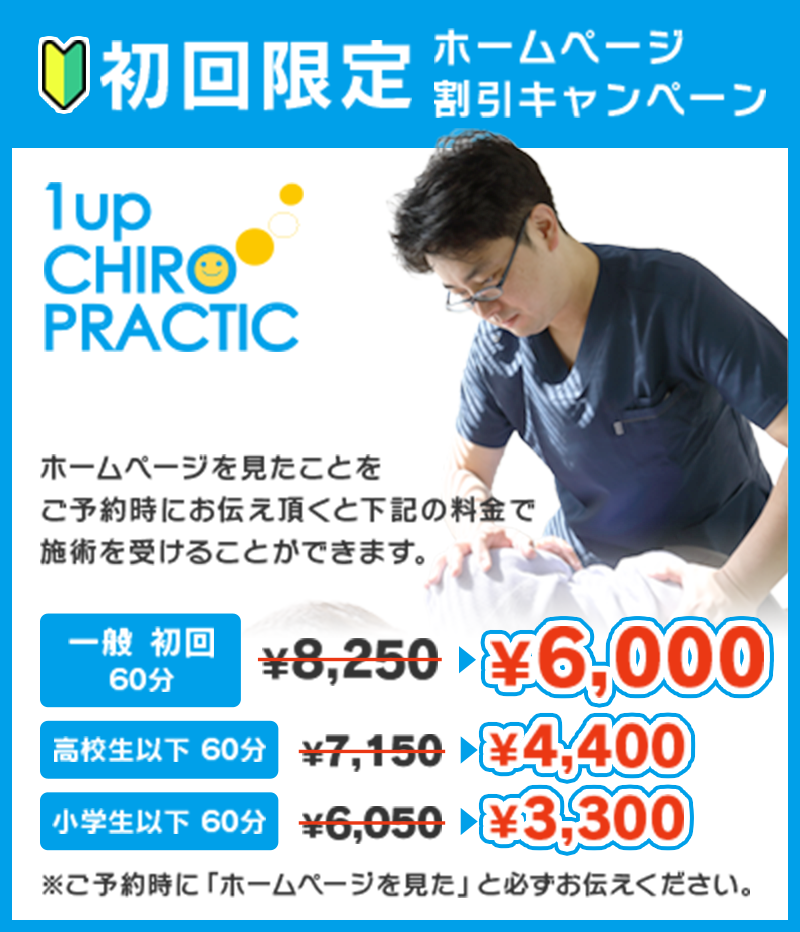 初回限定ホームページ割引キャンペーン｜一般初回60分 8,250円→6,000円、高校生以下60分 7,150円→4,400円、小学生以下60分 6,050円→3,300円。ご予約時に「ホームページを見た」とお伝えください。